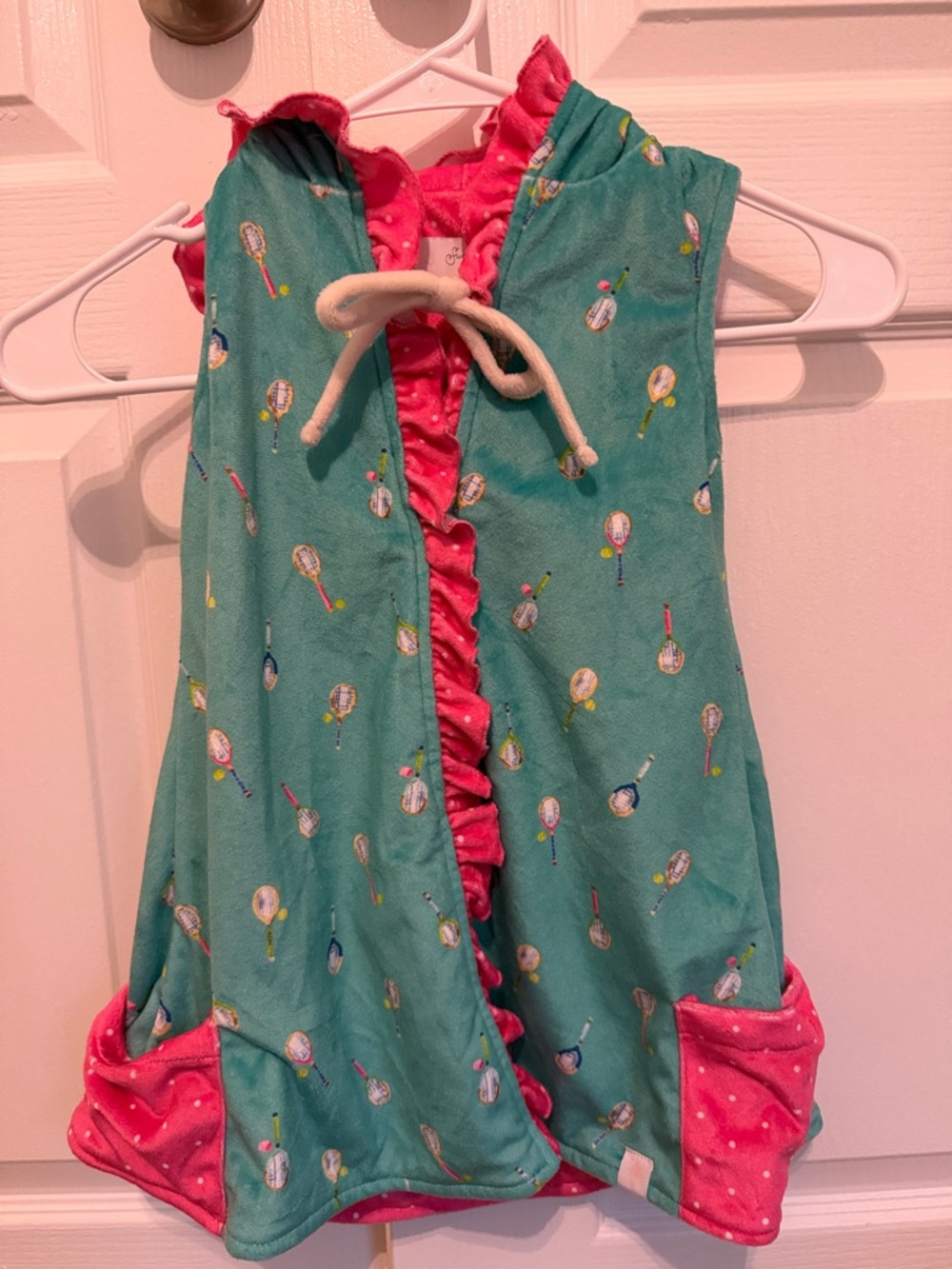 Sweet Honey 3T Teal & Pink Tennis Ruffl Hooded Girls Swim Cover Up Pocket Detail